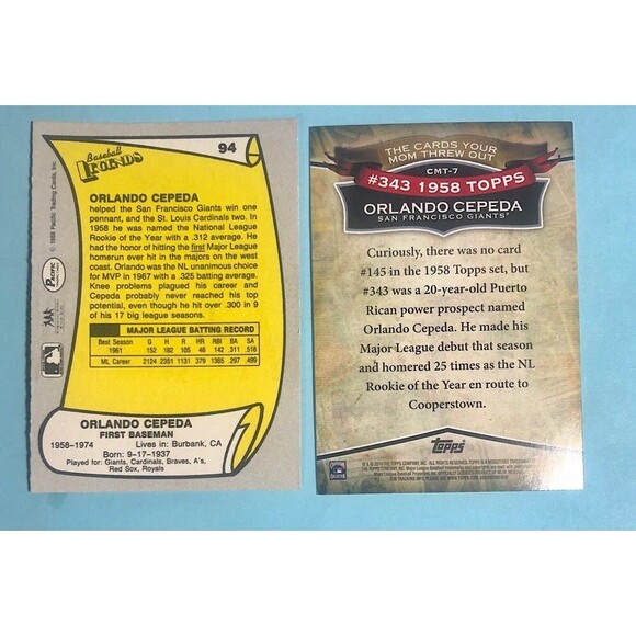 Orlando CEPEDA -SF GIANT Great 2 Cards 2010 Topps  & w/Braves 1988 Pacific - Picture 2 of 2